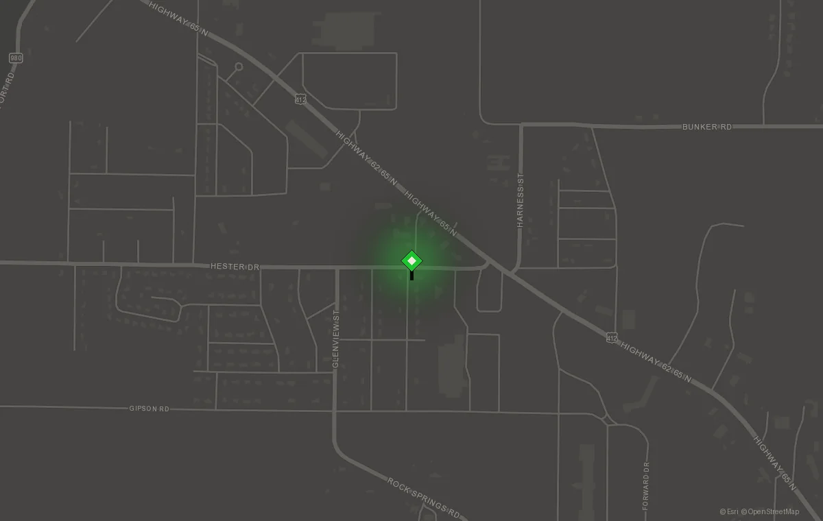 Map showing Harrison Battery & Tire at 104 Bluebird St near Highway 62/65 in Harrison, Arkansas
